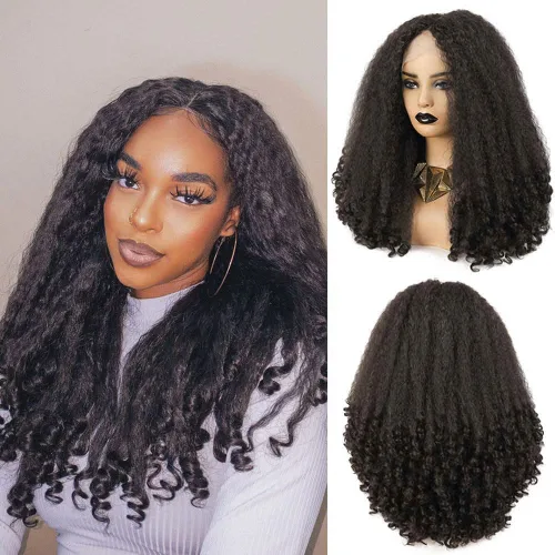 Miniatura 16 de SOKU Nueva peluca rizada afro con diadema, textura de cabello sintético trenzado con rizos únicos en el extremo, negro de 20 pulgadas, pelucas