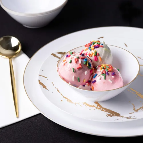 Miniatura 4 de [6 onzas, 40 unidades] Tazones de postre de plástico blanco orgánico para fiesta cuenco de helado con borde dorado Premium pesado elegante vajilla
