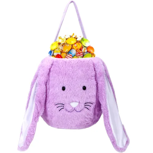 Cesta de conejo de Pascua de felpa, cubos de Pascua con monograma con orejas largas de felpa, bolsas de regalo de Pascua para caza de huevos, bolsas