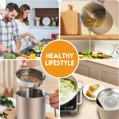 Miniatura 6 de Chihee Contenedor de grasa de acero inoxidable para tocino con filtro de malla fina, 2 litros/67.6 onzas líquidas, lata de aceite de cocina con tapa