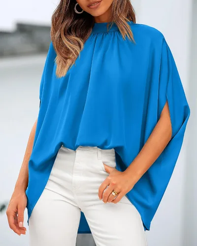 Miniatura 83 de BTFBM Blusas de verano para mujer, cuello alto falso, manga murciélago, holgadas, dobladillo alto y bajo, blusas informales de gran