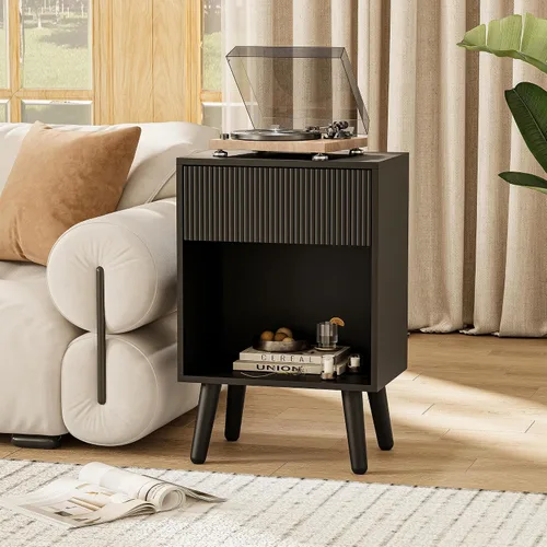 Miniatura 8 de Mesita de noche, mesa auxiliar moderna con cajones de almacenamiento y estante de madera abierto, mesita de noche con patas de madera maciza, mesas