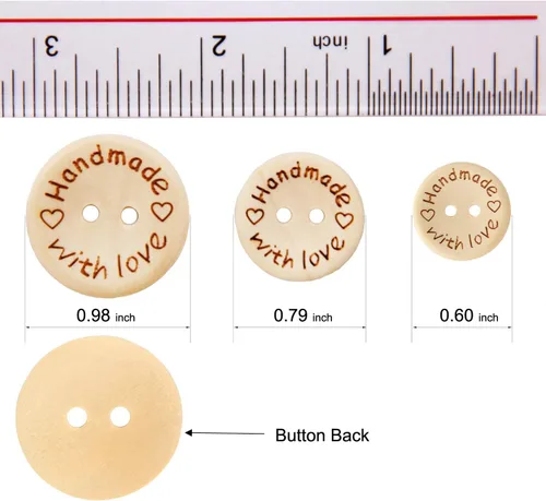 Miniatura 5 de 150 botones de madera Pinowu (15-0.787-0.984 in) hechos a mano con amor, decoración redonda para manualidades, 2 agujeros, botones de costura