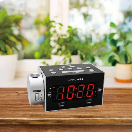 Miniatura 5 de HANNLOMAX HX-135CR - Radio despertador con proyección, radio FM PLL, alarma dual, puertos USB duales para carga de 2.4 A y 1A, pantalla LED roja
