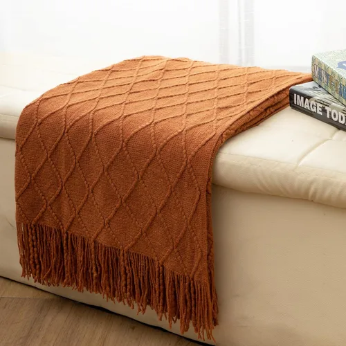 Miniatura 5 de Quinnsus Manta de otoño naranja quemado para sofá, suave y ligera, decorativa, de acrílico, bohemio, manta tejida cálida con borlas para viajes