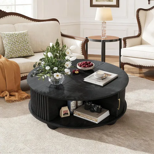 Miniatura 4 de Mesa auxiliar redonda con almacenamiento, mesa central acanalada con puerta corredera y estantes abiertos, mesa de centro pequeña de mediados