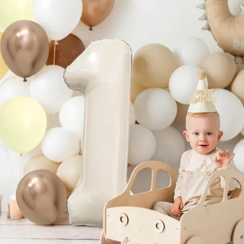 Miniatura 5 de Globo color crema número 1 de 40 pulgadas, color beige nude, número 1, con globos de arena blanca, globos beige nude champán, crema neutra