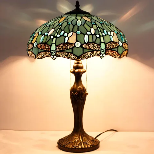 Miniatura 5 de WERFACTORY Tiffany Lámpara de mesa de noche de cristal azul mar, lámpara de mesa estilo libélula luz de lectura de escritorio, base de metal, 16 x