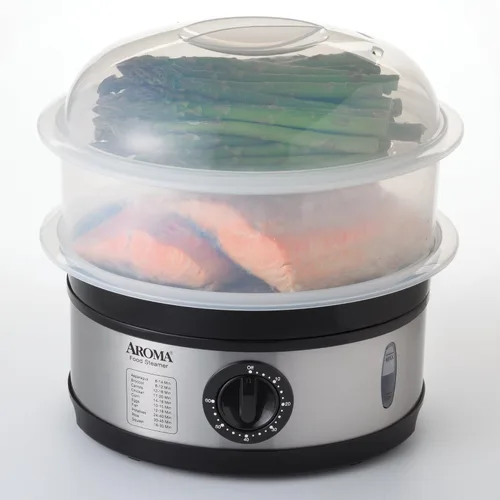 Miniatura 8 de AROMA® Cesta de vapor de alimentos doble y vaporizador eléctrico de arroz con nivel de agua de fácil lectura y temporizador