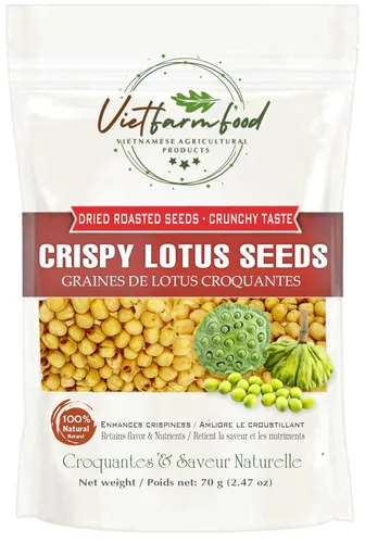 SEMILLAS DE LOTUS CRISPY 5.29oz (150g) VIETFARMFOOD: Ligeramente fritas en aceite. Sin azúcar, dulzura natural, sabor graso característico,