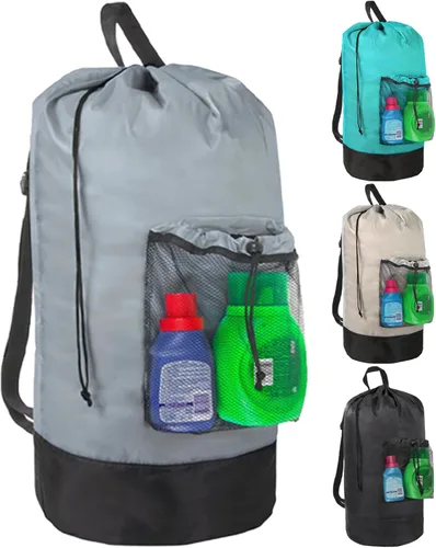 Bolsa de lavandería con correas para el hombro y bolsillo de malla, mochila de lavandería grande portátil para lavandería universitaria, apartamento