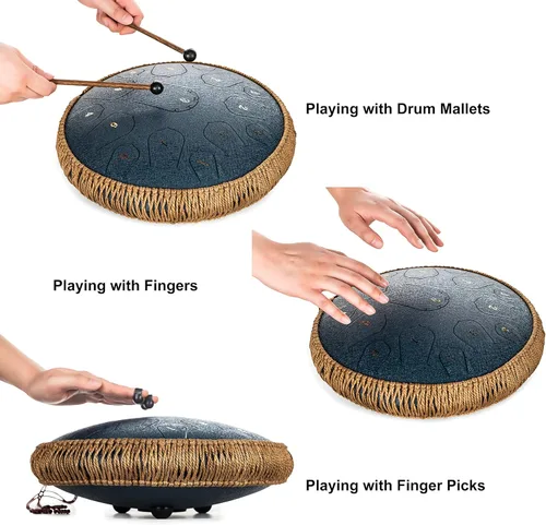 Miniatura 4 de HOPWELL Tambor de Lengua de Acero - Tambor de Lengua de 14 Pulgadas 15 Notas - Tambor Hand Pan con Libro de Música, Mazos para Tambores Handpan