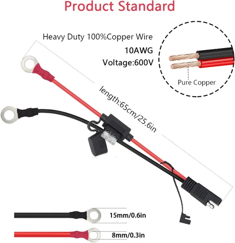 Miniatura 2 de Cable de extensión SAE de cobre puro 10AWG de 2 pies a terminal de anillo, conector de batería de calibre 10, cable de extensión de conexión