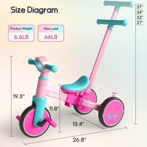 Miniatura 2 de Bautia Triciclo para niños con mango de empuje para niños pequeños de 1 a 4 años, regalo para niños y niñas, bicicleta de equilibrio 5 en 1