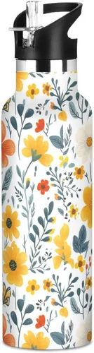 Flowers Daffodil Sunflower Butterflies Bees White Leak Proof & BPA Free Sports Insulated Water Bottle With Straws Leak-proof Hot & Cold Double 13