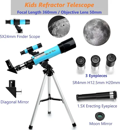 Miniatura 2 de Telescopio lunar para niños y principiantes de astronomía, telescopio refractor con buscador de alcance y 3 oculares, telescopio de viaje