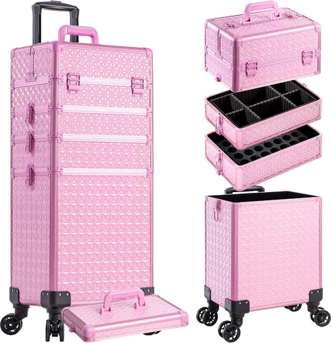 AROUS Estuche de maquillaje rodante 5 en 1, estuche de cosmetología con ruedas, organizador cosmético grande, carro de viaje para estilista,