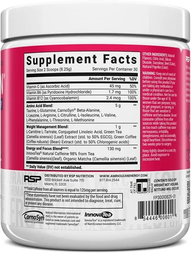 Miniatura 2 de Fórmula para ganar energía y perder peso de RSP AminoLean. BCAA en polvo con ALC, extracto de té verde y cafeína para desarrollar el músculo magro
