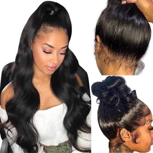 Miniatura 8 de Pelucas de encaje frontal de onda corporal 360 de cabello humano para mujeres, sin pegamento, previamente despuntadas con pelillos, 180 % de Peluca