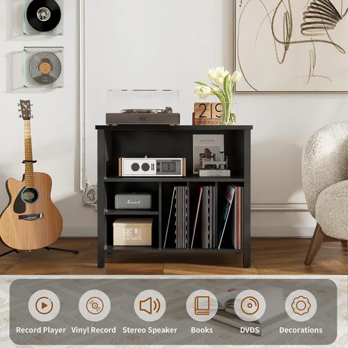 Miniatura 4 de Soporte para tocadiscos, gabinete de almacenamiento de discos de vinilo de mediados de siglo, soporte para tocadiscos de 3 niveles, soporte