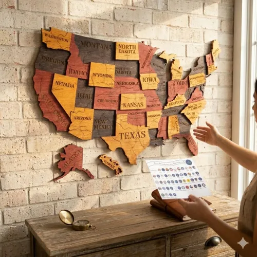Miniatura 6 de Mapa de madera de EE. UU. lugares visitados - Mapa de madera de Estados Unidos con pines - Arte de pared decorativo 3D de rastreador de viajes
