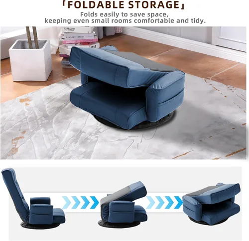 Miniatura 3 de Silla de suelo giratoria de 360° con reposabrazos, tumbona ajustable de 14 posiciones para adultos, asiento acolchado plegable con respaldo para Azul