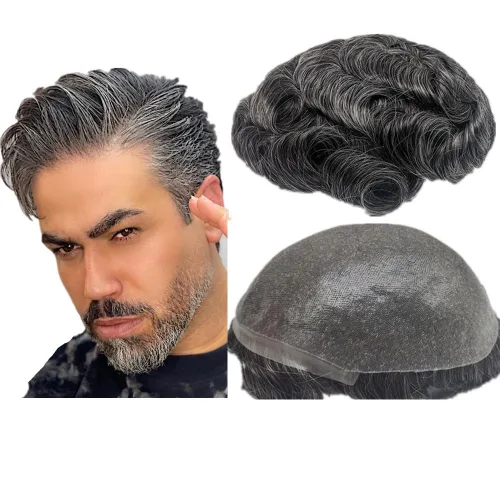 Miniatura 10 de N.L.W. Prótesis de cabello humano europeo para hombre, toupee para hombres con piel fina transparente PU 10x8 tamaño base piezas de cabello humano