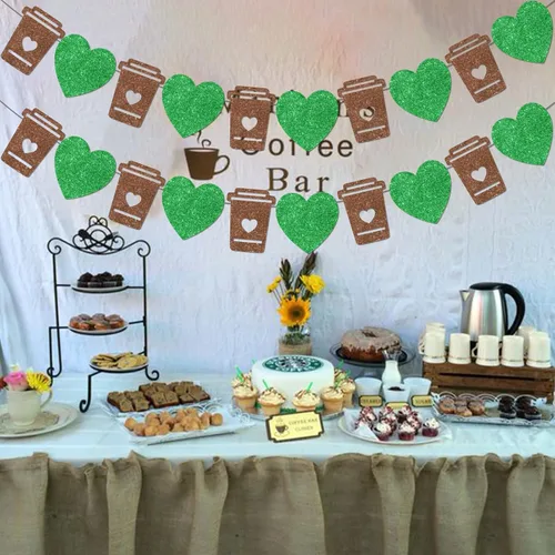 Miniatura 6 de Cartel de barra de café verde, guirnalda de taza con purpurina y corazón, pancarta con leche para cumpleaños, despedida de soltera, compromiso