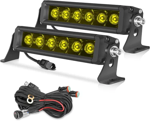 OFFROADTOWN 8inch 120W 2pcs LED Light Bar Amber Single Row Fog Lights LED Pods Slim Offroad Driving Lights Yellow Spot Bumper Light with Wiring