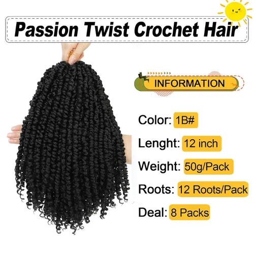 Miniatura 2 de Cabello Passion Twist de 12 pulgadas, 8 paquetes, cabello de ganchillo pretrenzado para mujeres negras, cabello rizado de ganchillo preenlazado, 1b#