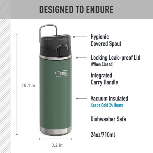 Miniatura 2 de THERMOS ICON SERIES, botella de agua de acero inoxidable con boquilla, 24 onzas, color verde alpino, botella de agua aislada al vacío con tapa