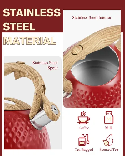 Miniatura 4 de Tetera, Teteras de Estufa de 2.5 Cuartos con Silbato Fuerte, Hervidor de Agua de Acero Inoxidable de Grado Alimenticio para Estufa con Mango