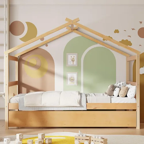 Miniatura 23 de Harper & Bright Designs Cama de madera con nido, marco de cama Platforn para niños de tamaño individual con rieles de valla y techo para niñas