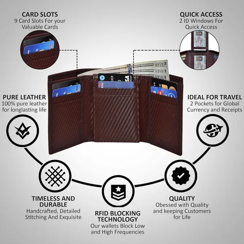 Miniatura 9 de Cartera de cuero RFID hecha a mano para hombres, elegante cartera de bolsillo frontal triple con 2 ranuras para identificación y 9 tarjetas, Negro