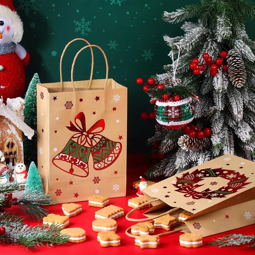 Miniatura 4 de Yeaqee 80 piezas - bolsas de regalo de Navidad - tamaño pequeño - Merry Christmas Xmas - bolsas de regalo de Navidad con asas - bolsas de papel