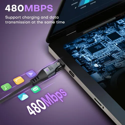 Miniatura 4 de Cable USB tipo C a C PD de 240 W (1 paquete de 3.3 pies) USB2.0 480MBPS y cable de transferencia de datos de rotación de 180° y 360°, cable de carga