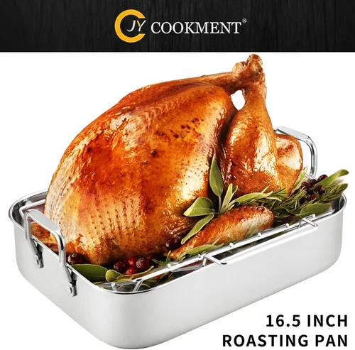 Miniatura 2 de JY COOKMENT Sartén para Asar con Estante para Hornear, Sartén para Pavo de Acero Inoxidable de 16.5 Pulgadas con Estante, Regador. Excelente