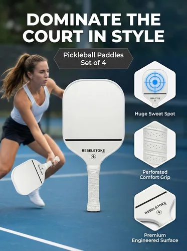 Miniatura 2 de Juego completo de 4 paletas de pickleball con bolsa, juego de 4 palas de pickleball, diseñadas en los Estados Unidos, agarre cómodo, kit de bolas