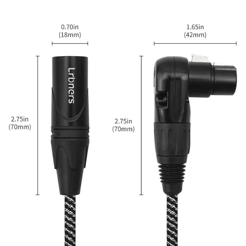 Miniatura 3 de Cable XLR de ángulo recto hembra a macho de 1.5 pies, cable adaptador XLR de 3 pines de 90 grados, conectores de bloqueo de aleación de zinc, doble