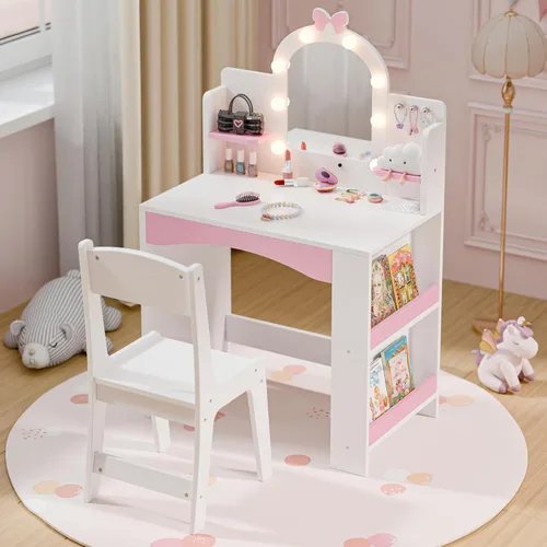 Miniatura 9 de MU Tocador infantil con luces, juego de mesa y silla de maquillaje de princesa para niñas, escritorio de tocador para niños pequeños con estantería