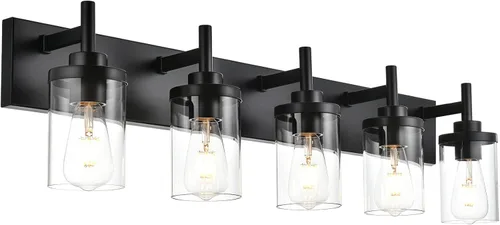 Miniatura 13 de Lámpara de tocador de baño sobre espejo, lámparas de pared de baño negras, iluminación moderna con pantalla de vidrio transparente, aplique de pared