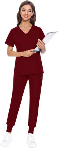 Miniatura 8 de VIAOLI Conjunto de ropa quirúrgica para mujer, camiseta con cuello en V y pantalones médicos tipo cargo para mujer, 10 bolsillos