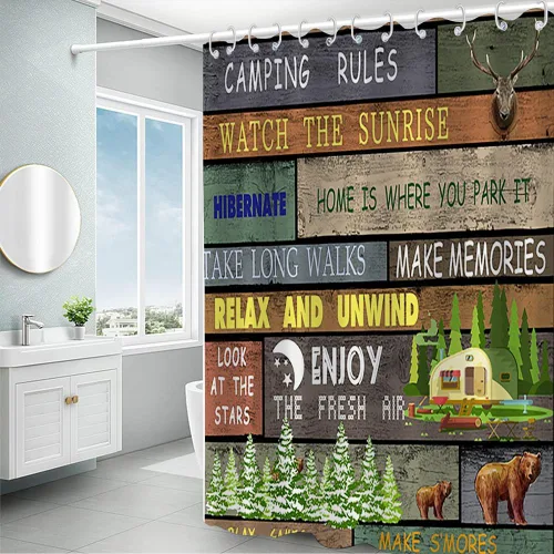 Miniatura 4 de Cortina de ducha Happy Camper de 48 x 72 pulgadas, diseño de caricaturas, remolque, hoguera, aventura al aire libre, cortina de baño para decoración
