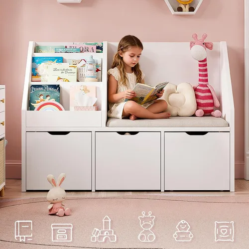 Miniatura 2 de Teckid - Organizador de juguetes para niños de 40 pulgadas con estantería, banco de lectura acolchado, 3 cajones móviles y ruedas ocultas