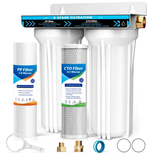 Sistema de filtro de agua doble para RV, sistema de filtración de agua de 4 capas y 2 etapas, elimina sedimentos, cloro, metales pesados, olores,