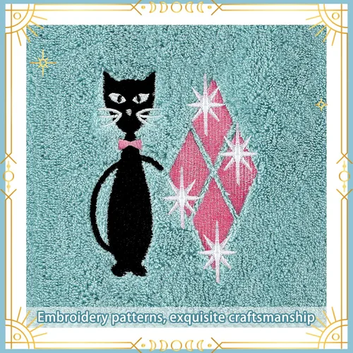 Miniatura 3 de Macarrie 2 toallas de cocina modernas de mediados de siglo con diseño de gato negro retro, toallas de algodón bordadas absorbentes para cocina
