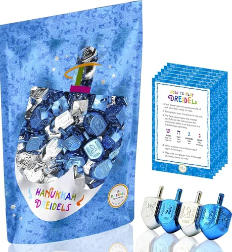 Miniatura 5 de The Dreidel Company Paquete de 10 Dreidels de Plástico Metálico Plateado y Azul de Hanukkah con Traducción al Inglés, Peonzas Incluye Tarjeta