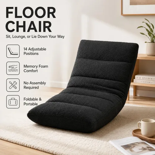Miniatura 5 de Adjustable Floor Chair with Memory Foam, Folding Gaming Chair with Back Support, Padded Sleeper Bed Couch Recliner, Self-Supporting Floor Lounger