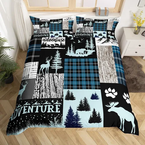 Bear Elk Deer Duvet Cover Set Retro Cabin Comforter Cover,Woodland Animals Moose Twin Bedding Sets for Girls,Rustic Farmhouse Bed Set Pine Trees