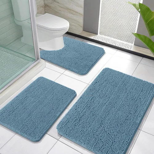 OLANLY Juego de Alfombras de Baño de 3 Piezas, Tapetes de Baño de Chenilla Suave y Absorbente y Alfombra de Contorno en Forma de U para Inodoro,